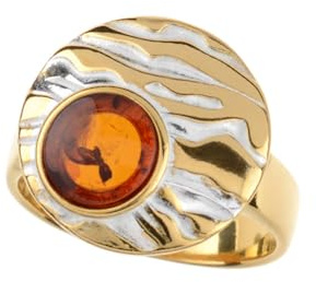 Cavill Baltischer Bernstein Ring Silber mit 0,74 ct Cognac Rundem Cabochon, 925 Sterling Silber Vergoldet, Moderner Statement-Ring aus Polen, Elegant Gold-Effekt
