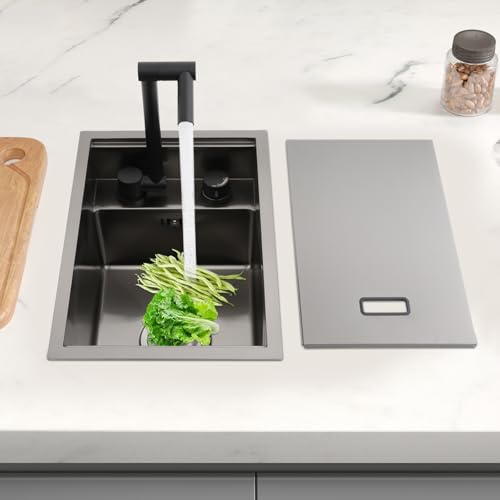 Repomanda, Fregadero de cocina empotrable, 45 x 30 cm, acero inoxidable 304, con grifo plegable, color gris, para bajo encimera, fregadero grande con desagüe, fregadero invisible