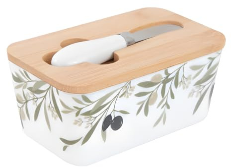 Ceramic Butter Dish with Bamboo Lid and Spreader – Olive Branch Design Butter Tray Storage Container 16cm x 9.5cm x 7.5cm for Kitchen, Fridge, Dining Table Eucalyptus