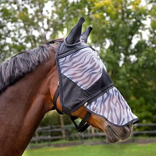 Horze Pferde Fliegenmaske Zebra, Fliegenhaube mit abnehmbarem Nüsternschutz, UV Schutz, Schwarz, XL