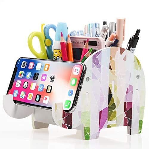 MOKANI Desk Supplies Organizer, Elephant Pencil Holder Multifunctional Office Accessories Desk Decoration with Cell Phone Stand for Smartphone, Christmas Gifts For Kids, Girls, Boys, Women