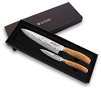 Wusaki Damas 10Cr Coffret 2 couteaux de cuisine Chef + Office avec lames damassées et manches en bois d'olivier - Boîte idéale à offrir