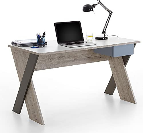 Lomadox Jugendzimmer Computertisch Schreibtisch 135cm in Sandeiche weiß Lava blau, mit Schubkasten