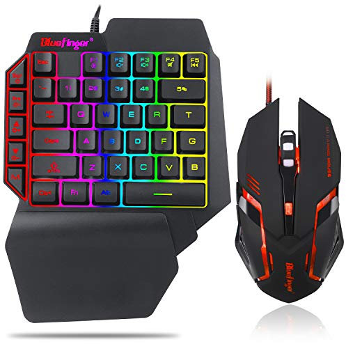 One Hand RGB Gaming Keyboard and Backlit Mouse Combo, USB Wired Rainbow Letters Glow Single Hand Mechanical Feeling With Wrist Rest Support, Gaming Set for Game