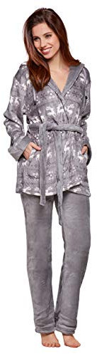 Selente Sweet Dreams kuscheliger, 2-teiliger Fleece-Anzug aus Superflausch-Bademantel mit Kapuze, Taschen & Bindeband und Langer Hose, grau, Gr. S