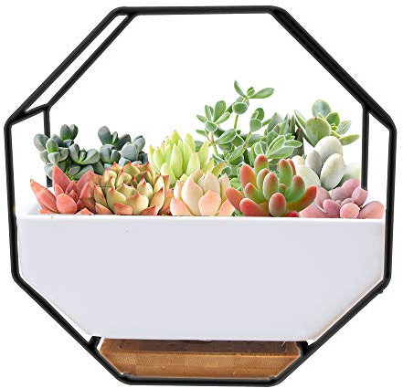 O'woda Macetas Colgantes de Cerámica, Metal Macetas Pared, con Orificio de Drenaje y Plato de Bambú, Decoración para Casa, Jardin, Sala de Estar y Boda (17.7 * 17.7cm,Negro)