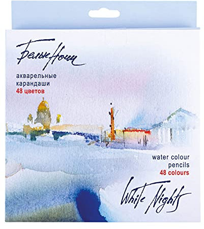 White Nights russische Aquarellstifte 48er Set im Kartonetui, holzgefasste Stifte mit hoher Farbbrillanz, weicher Farbabstrich, wasservermalbar