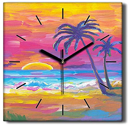 Coloray Uhr auf Leinwand 30x30cm Segeltuch Wand Uhr Wohnzimmer Dekoration Ohne tickendes Geräusch - Palm Beach Sonnenuntergang