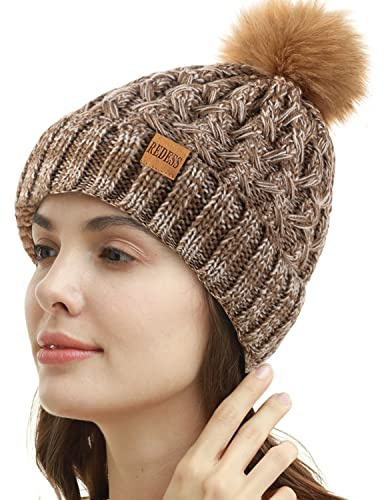 REDESS - Gorro de Invierno con pompón para Mujer, Gorros cálidos con Forro Polar, Gorro Cruzado de Punto de Nieve Holgado Grueso para Damas