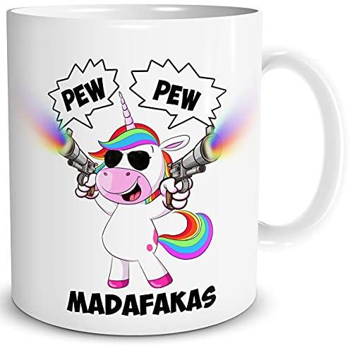 TRIOSK Tasse Einhorn Pew Pew Madafakas mit Spruch lustig Schießendes Unicorn Geschenk Bürotasse für Männer Frauen Einhornliebhaber Kollegen Weiß