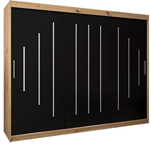 Kryspol Schwebetürenschrank York 250 cm Kleiderschrank mit Kleiderstange und Einlegeboden Schlafzimmer- Wohnzimmerschrank Schiebetüren Modern Design (Artisan Eiche + Schwarz)