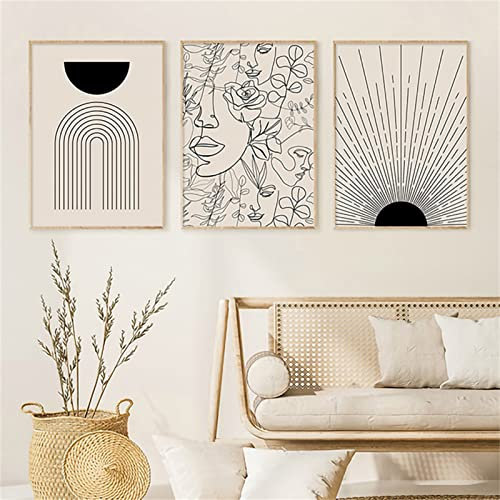 Sarah Duke 3er Boho Poster Set, Abstrakt Strichzeichnung Frau Blumen Leinwand Bilder, Ohne Rahmen Beige Kunstposter Wanddeko für Wohnzimmer Schlafzimmer (40 x 50 cm)