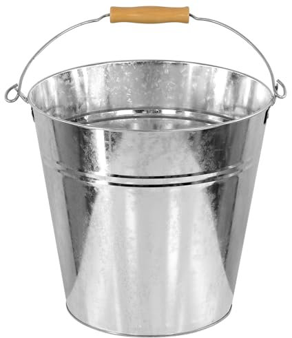 GEEZY Metal 26 cm Bucket with Wooden Handle, Silver Sturdy Zinc Construction for Car Wash, Galvanised Bin, Beer or Ash Storage, Large Versatile Design for Builders, Home or Bar Use