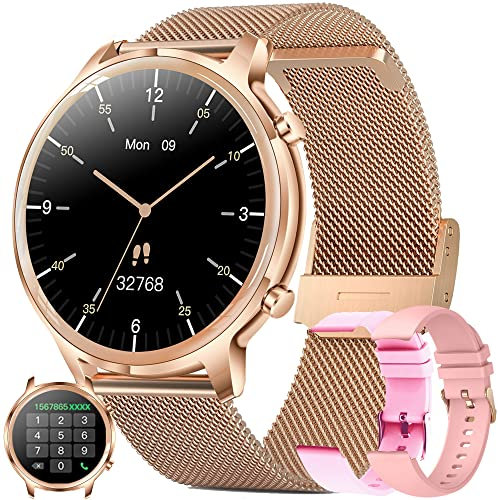 Montre Connectée Femme avec Appel Bluetooth 5.0/Numérotation, Smartwatch Compatible Samsung Huawei Xiaomi Android iOS Podometre Montre Sport Cardiofrequencemetre Etanche IP67 GPS Partagé (Or)