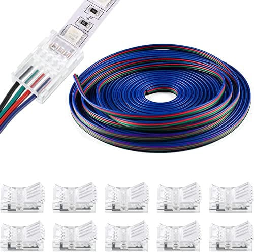 VISSQH Kit de Connecteur de Bande LED RGB 4 Broches 10 mm,10Packs 4 BrochesConnecteur led sans soudure,10m Câble d'extension de Bande LED Pour Bande Lumineuse LED 10 mm RGB 5050 2835