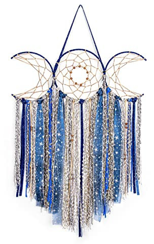 ANROYE Blaue Dreifach-Mond-Göttin, Makramee-Wandbehang, Boho-Kunst, großer Wicca-Halbmond-Traumfänger, handgefertigt, einzigartig, böhmisch, Hippie-gewebt, Dekoration, Geschenk