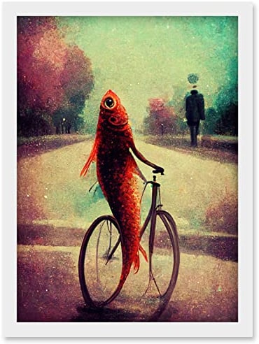 Doppelganger33 LTD Koi Fish With Bicycle Surrealism Purple Teal Park Dream Artwork Framed Wall Art Print A4