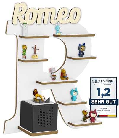 Holzura Tonie Regal für Toniebox, Toniebox Regal personalisiert mit Name und Holzsymbolen, Tonie Aufbewahrung (Buchstabe R)