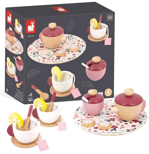 Janod - Juego de Té Twist - 16 Accesorios de Madera y Fieltro - Juguete de Imitación - Juego de Té Infantil - Madera FSC - A Partir de 2 Años, J06631
