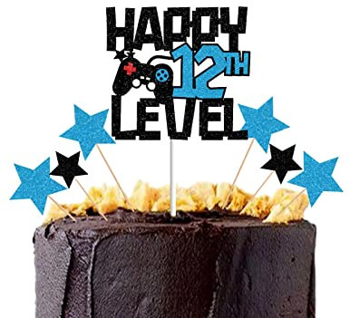 bng-bng 12 Birthday Cake Topper Glittery Happy 12th Level Birthday Cake Cupcake Toppers Boys and Girls 12th Game Theme Party Supplies Age 12 Preteen Cake Decorations