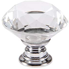 Boxonly 2Pcs Crystal Glass Door Knobs 30mm Diamond Cut Drawer Pull Handles with M4x22mm Screws for Cupboard Cabinet Wardrobe Home Decorating Silver Base Transparent