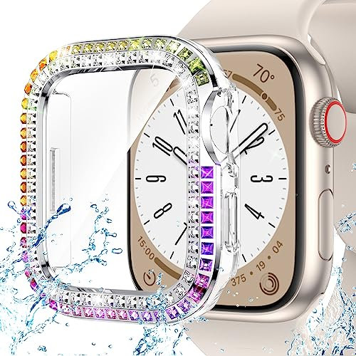 Neitra per impermeabile Apple Watch Cover 6/5/4/SE 2023 44mm, a protezione completa Hard PC glitter iWatch Custodia Diamante quadrato a doppia fila con case paracolpi in vetro temperato incorporata