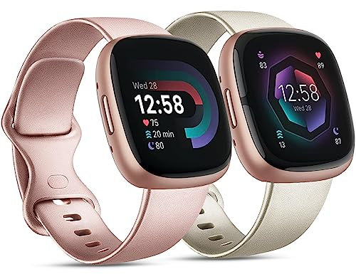 [2 Pack] Strap compatible for Fitbit Versa 3 Straps/Fitbit Sense/Sense 2 Strap for Women Men, Silicone Replacement Strap Wristband Watchband Small Large for Fitbit Versa 4 (Rose gold+Champagne, Large)