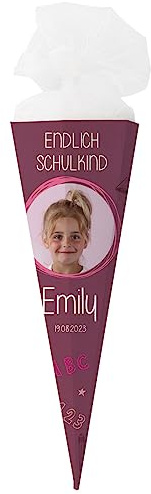 Striefchen® Schultüte mit Foto und Namen Ihres Kindes - eckig, fertig gebastelt Schultafel 80 cm Rosa