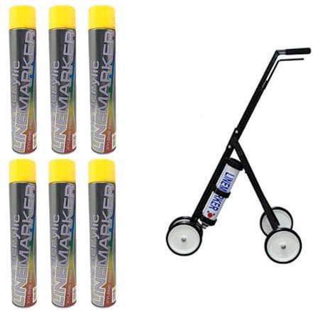 Floor Yellow Line Marker Spray Paint X6 aerosols & 1x Premium 4 Wheel Line Marker Spray Paint Applicator.For Schools, Sports Surfaces, Industrial marking,Safety Marking (6x Yellow & 1x 4 Wheel)