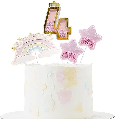 4PCS 4th Birthday Cake Toppers Rainbow Little Stars for Birthday Party Wedding Anniversary Baby Shower Decoration (pink)