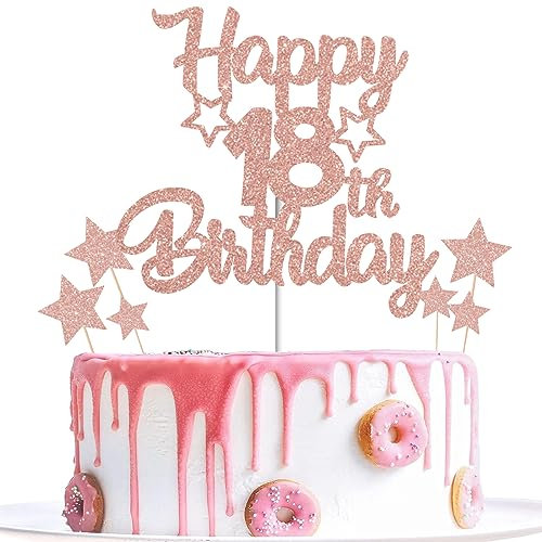 Gidobo 18th Birthday Cake Toppers, Rose Gold Glittery Cake Decorations with Stars, Eighteen Years Old Birthday Party Supplies for Girls
