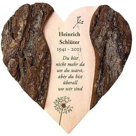 Casa Vivente Holzherz mit Gravur zur Trauer, Personalisierte Gedenktafel für Verstorbenen mit Namen und Datum, Deko Andenken, Herz Grabschmuck, Trauergeschenke, Holz Herz Erinnerung