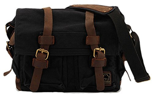 Sechunk Vintage Militär Leder Canvas Umhängetasche Laptop Tasche Retro Messenger Taschen (Schwarz, Large-17‘’)