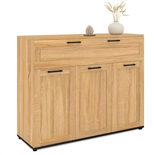 IDMarket - Buffet 100 cm VITO 3 Portes et 1 tiroir façon hêtre et poignées Noires
