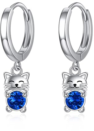 AXELUNA Katze baumelt Ohrringe für Frauen 925 Sterling Silber Katze Drop Hoop Ohrringe Blau Kristall Schmuck Geschenk für Frauen