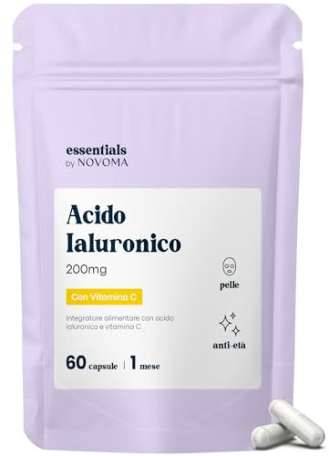 Acido Ialuronico Viso, Azione Anti-Età e Antirughe, 800-900 kDa, Idratazione della Pelle, Attivo Puro Con Vitamina C, Fornitura di 1 mese, 60 Capsule Vegane, Essentials by Novoma