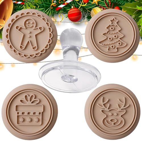 Qumiuu Weihnachts-Keksstempel, Silikon-Keksstempel - Keksausstecher mit 4 Mustern | Lebensmittelechter Elch, Schachtel, Weihnachtsbäume, Lebkuchenmann-Fondant-Stempel-Set zum Backen