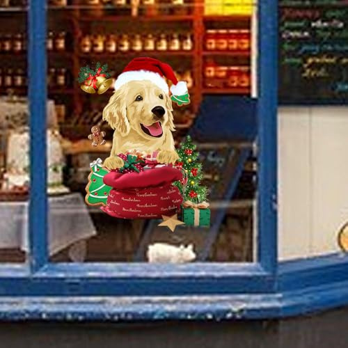 Leniutor Fensteraufkleber für Glasfenster, Weihnachtswelpe, Weihnachtsdekoration, Weihnachtsfensteraufkleber, Urlaubsaufkleber für Party (Golden Retriever)