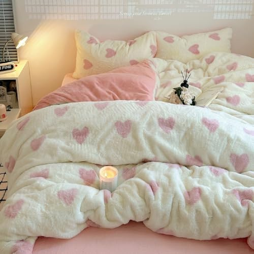 Sacebeleu Winter Bettwäsche 155x220 Plüsch Langhaar Flauschig Flanell Biber Bettbezug Rosa Weiß Herzen Winterbettwäsche Warme Bettbezug und 1 Kissenbezug 80x80cm mit Reißverschluss