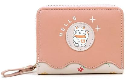 Bimhan Portemonnaie Damen Klein, Geldbörse Damen Klein Viele Fächer, Portmonee Kinder mit Großes Münzfach, Geldbeutel Kinder mit Cute Katzenmotiv (Rosa)