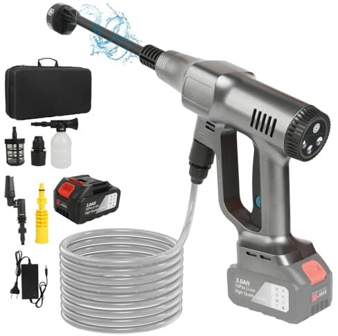 Nettoyeur Haute Pression sans Fil, 21V Max 200 Bar Nettoyeur Haute Pression avec Batterie de 3,0Ah, Press & Clean Pistolet de Lavage avec écran LCD de Puissance et 3 Vitesses (Argent avec 1 Batterie)