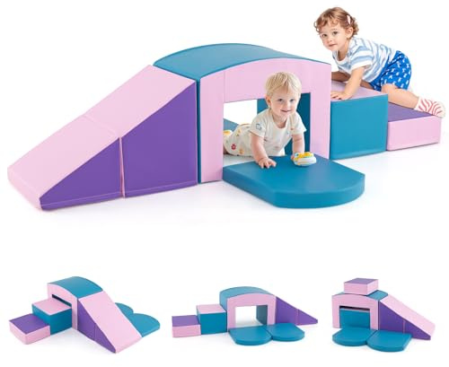GOPLUS 6er Set Schaumstoffbausteine, Softbausteine zum Klettern & Rutschen, Riesenbausteine aus Kunstleder & Schaumstoff, Großbausteine Softbausteine für Baby Kleinkinder ab 1 (Blau)