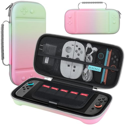 RAIALL Étui de transport pour Nintendo Switch 2 (2025), avec 5 emplacements pour cartes de jeu, chargeur et manette Joy-Con (dégradé de rose/vert)