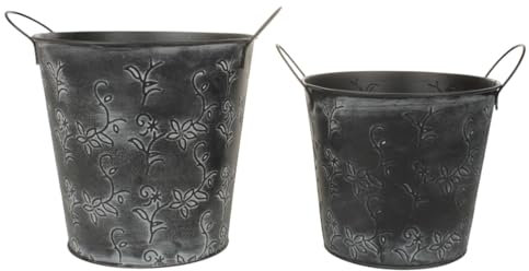 Macosa HE724 Dekoeimer 2er Set aus Metall mit Vintage-Blumenmuster Pflanztopf & Aufbewahrung Schwarz für Garten, Balkon, Wohnzimmer – robust & dekorativ