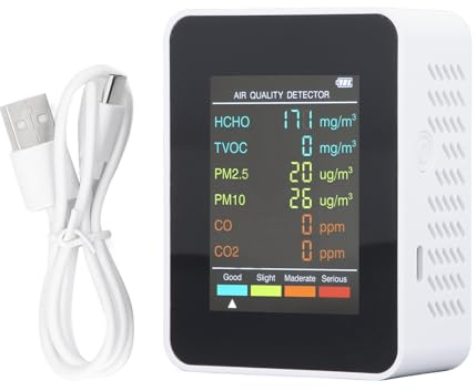 5 in 1 Luftqualitätsmonitor, CO2 HCHO TVOC Temperatur Feuchtigkeitsmessgerät, Intelligenter Luftqualitätsdetektor mit Farbdisplay und 1200 mAh für Zuhause, Büro, Schule