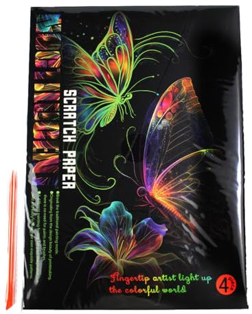 Pracht Creatives Hobby - Image à gratter Papillon avec Crayon à gratter, 4 pièces, Brille dans Le Noir, Taille env. 28,5 x 21 cm, Images à gratter pour Enfants et Adultes