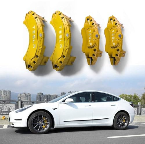 LDKH 4 Pcs Car Brake Caliper Cover for Tesla Model 3 2016-2022 Custom Aluminum Alloy Brake Caliper Cover, Car Wheel Brake Durable Brake Calliper Covers,19inches-Yellow
