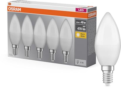 Osram LED-Lampe Base B40 Minikerze E14 4,9W 470lm IP20 | LED Base Classic B 40, LED Lamps, Weiß, 35 mm dia, 10000 h, 5-Pack