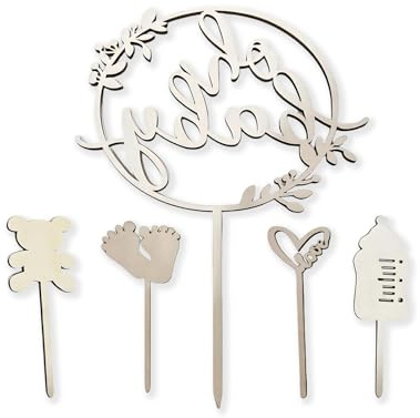5 Stück Gender Reveal, Babyparty Deko Junge Windeltorte, Kuchen Topper Babys'party Tortendeko, Natürliche Holz Cake Topper für Kuchendekoration, Babyparty Deko 10x10x2 cm