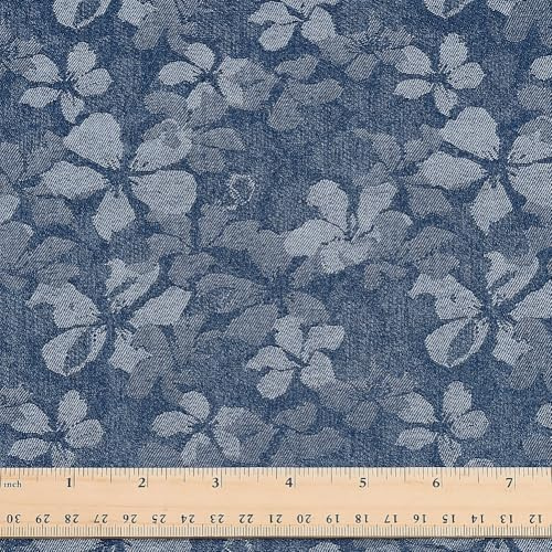 PH PandaHall Denim Stoff Mit Blumendruck Meterware Blumenmuster Nähstoff 1.4m Breit Blau Bastelstoffe Vintage Denim Stoffe Zum Nähen DIY Handarbeit Basteln Jeans Kleidung Dekoration Geschenk Karneval
